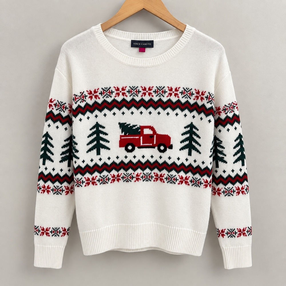 Vince Camuto Holiday Sweater Cream Red Truck Fair Isle Christmas Farm XL New